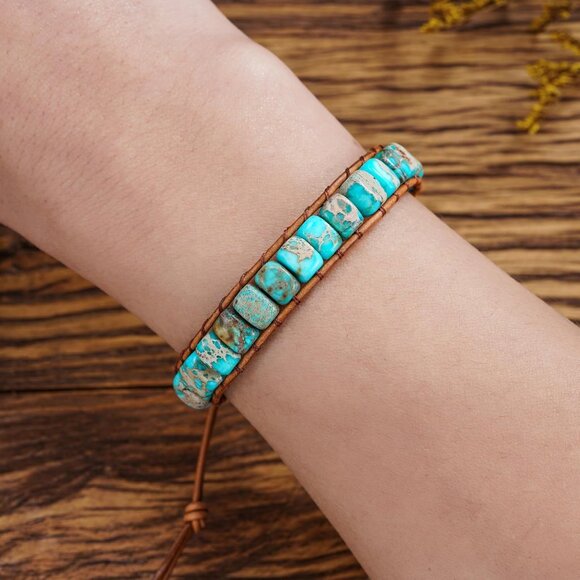 Women Boho Handmade Natural Stone Crystal Leather Bead Wrap Bracelets - Picture 3 of 5
